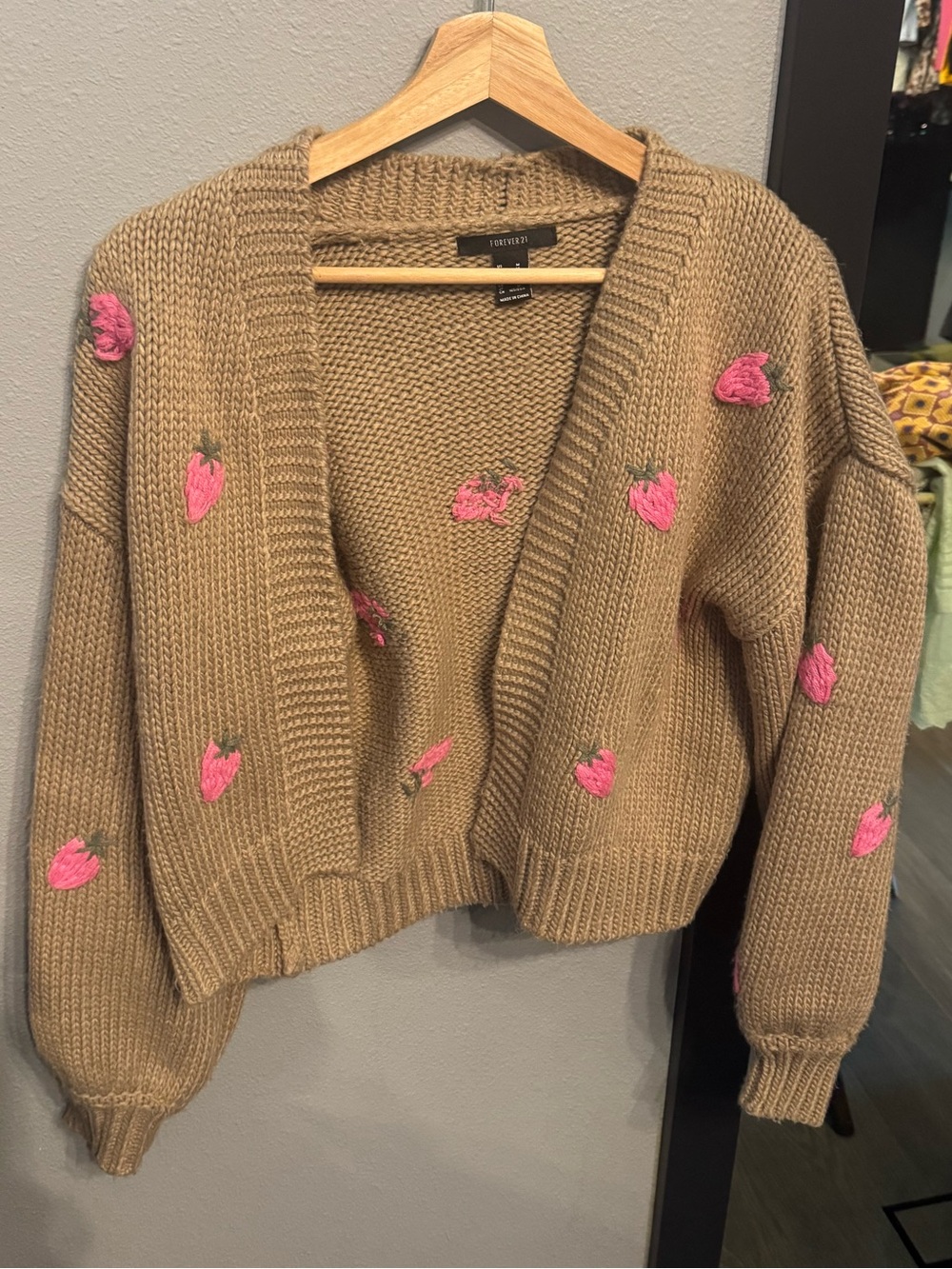 Forever 21 Chunky Tan Cardigan Sweater with Cute Pink Strawberry Embroidery 🍓 - Picture 5 of 14